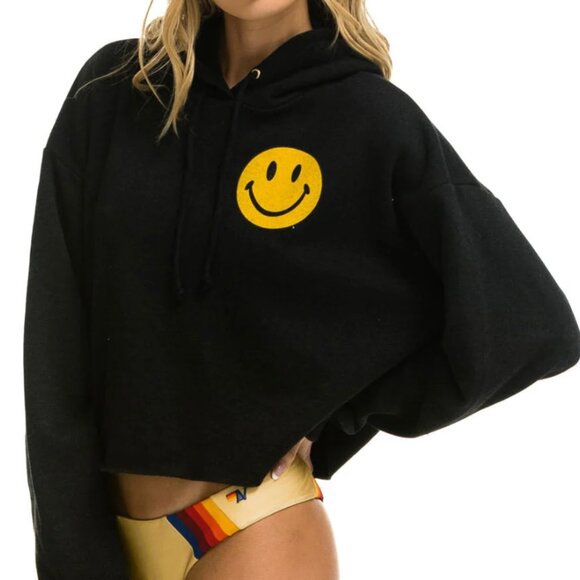 Aviator Nation Smiley 2 Relax Cropped Pullover Hoodie | Sz: Sm | Color: Black - Picture 3 of 10